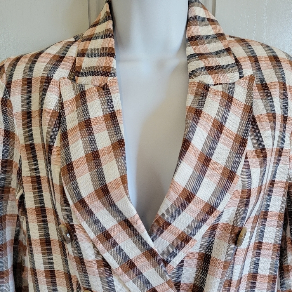 Joie Plaid Womens Cotton Blend Button Lined Blazer Jacket Tan Cream Navy Size M - Picture 2 of 11